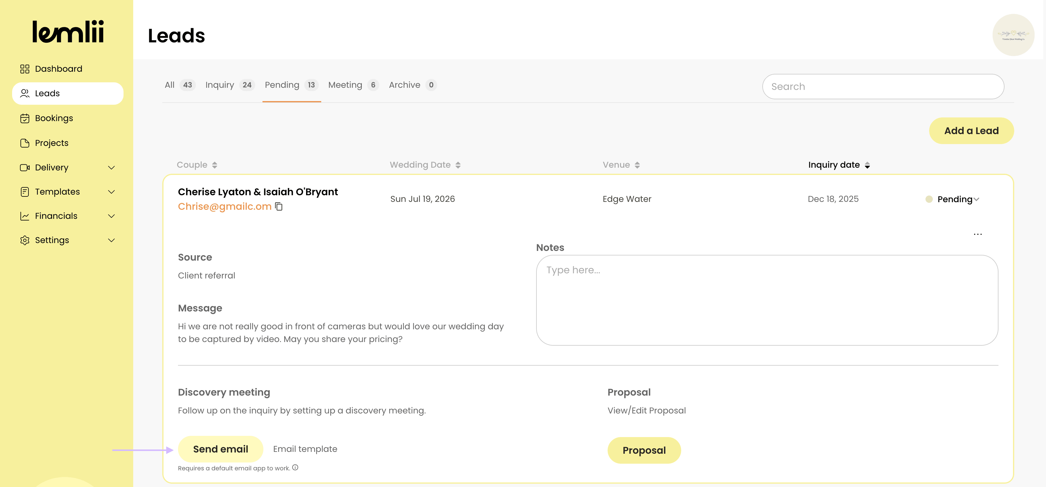Lemlii lead profile showing the Send email action used to prepare a message for the client.