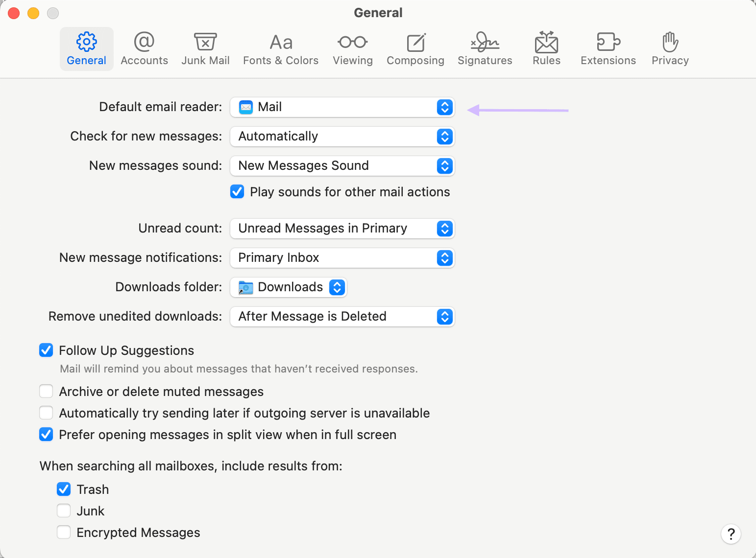 Apple Mail General settings showing the Default email reader control used to choose Google Chrome.