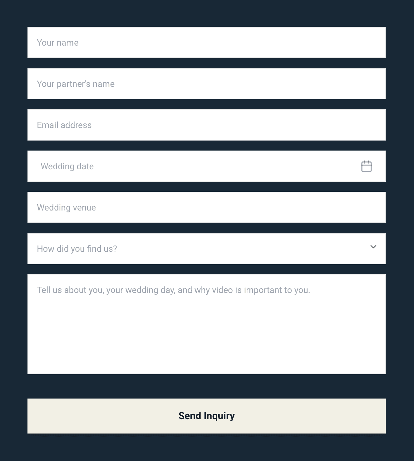 Embedded wedding videography inquiry form