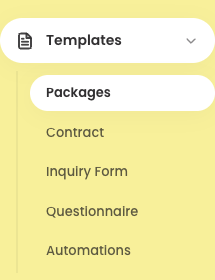 Focused view of the expanded Lemlii Templates navigation showing Packages, Contract, Inquiry Form, Questionnaire, and Automations.